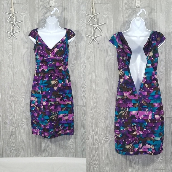Adrianna Papell Dress Size 4 Multi Color Tiered Pleated Floral Sheath Cocktail - Picture 5 of 9